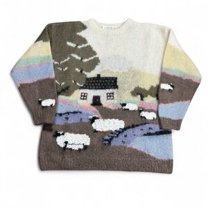 Vintage Mohair Wool Hand Knit Sheep Sweater Womens Small Pastoral Cottage